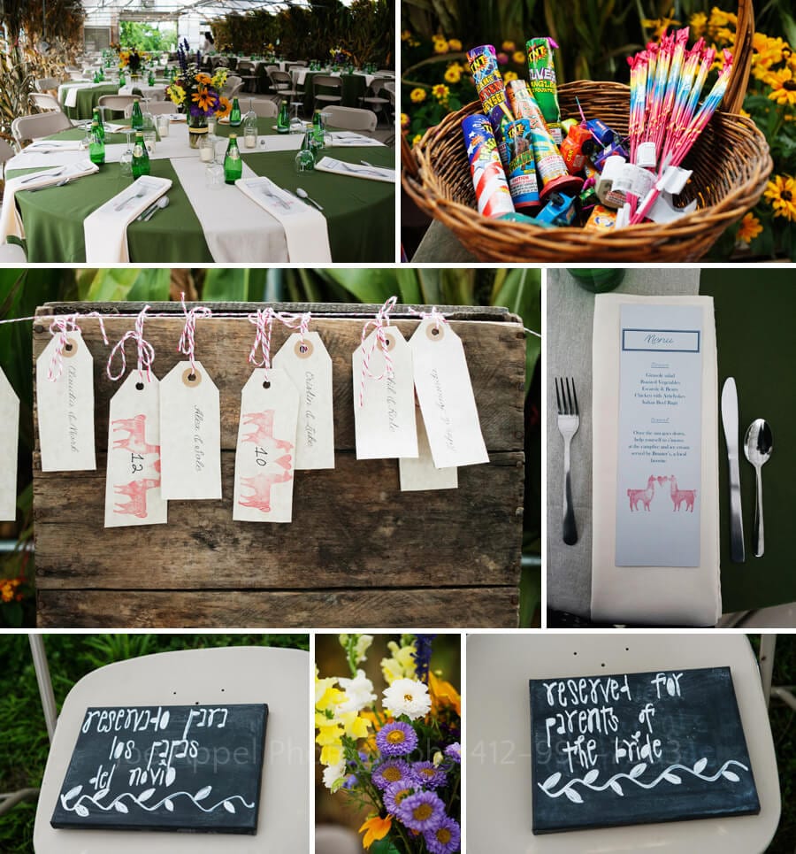 detail photos include table decorations, fireworks, seating tags outdoor wedding in pittsburgh