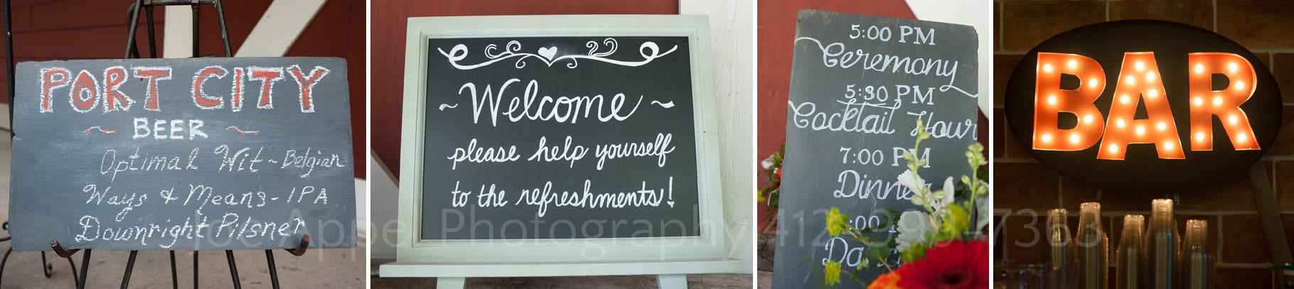 signs on chalkboards direct guests to different parts and features of  during their Chanteclaire Farm Wedding.