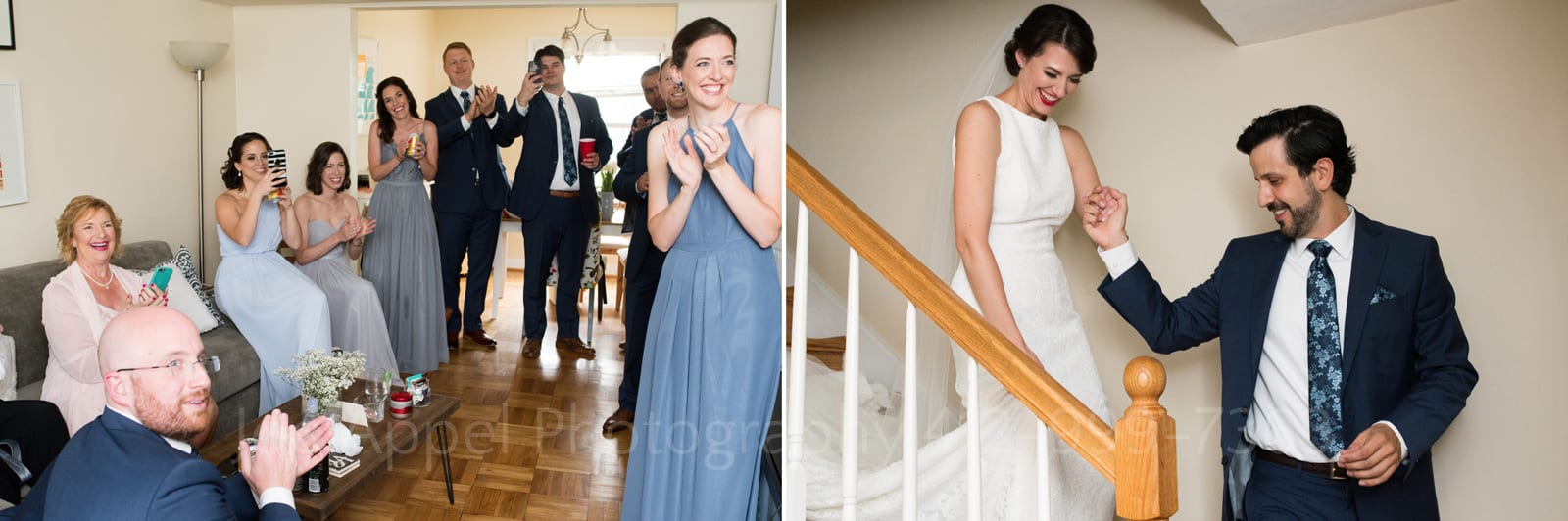 A group of groomsmen and bridesmaids applaud as a bride and groom walk down a set of stairs into the room where they're gathered before a St Francis Hall Washington DC wedding.