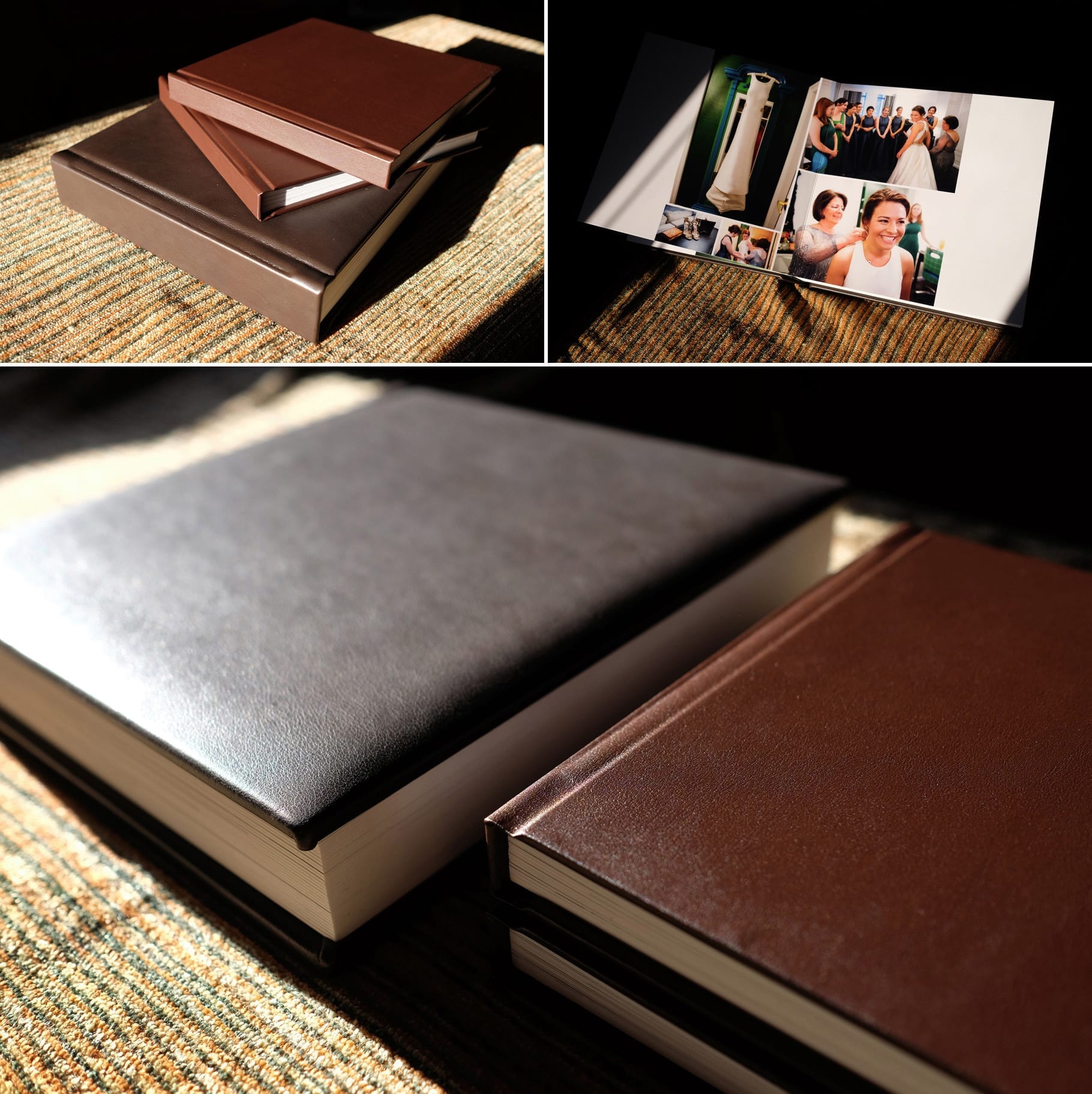 brown leather covered custom designed wedding albums
