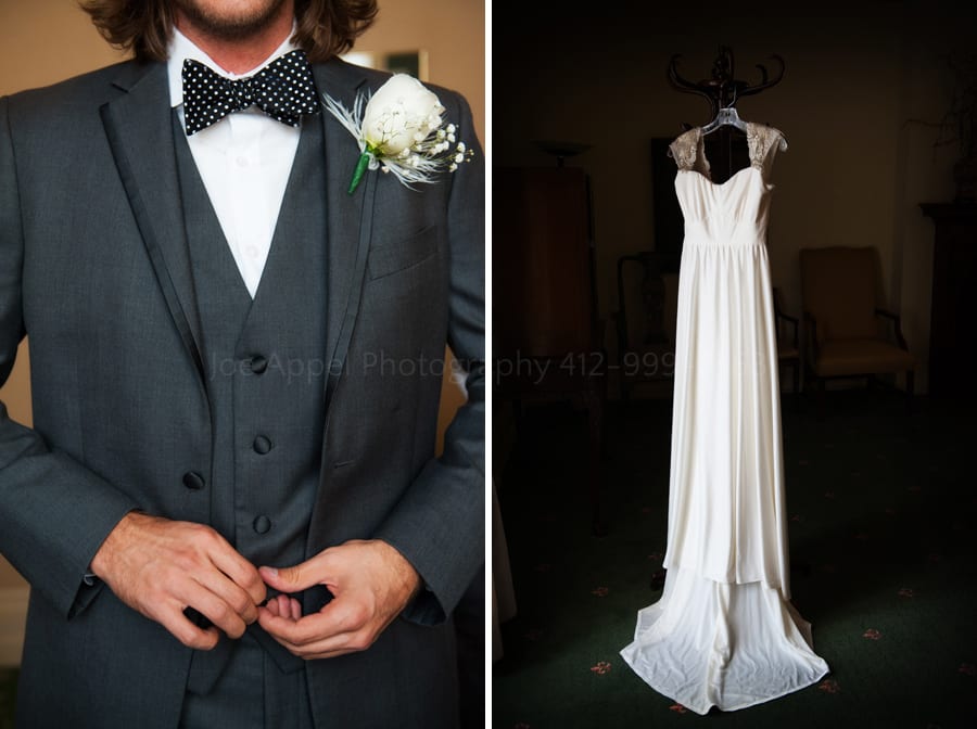 gray tuxedo with polkadot bow tie and a vintage wedding dress in the style of the Great Gatsby