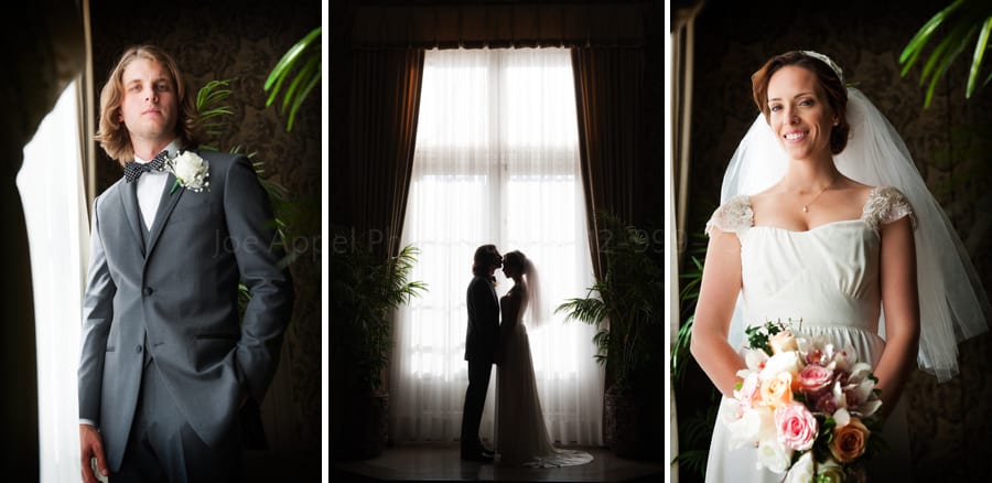 bride and groom portraits in front of a large window twentieth century club wedding pittsburgh