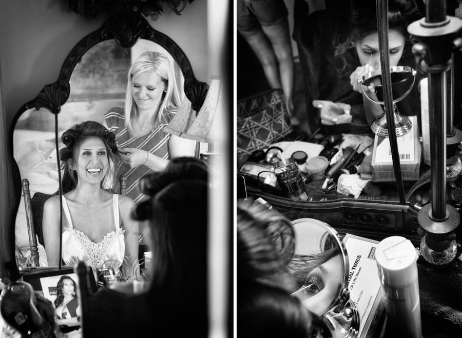 a bride gets her hair and makeup done prior to a wedding near pittsburgh in the fall. Wedding Photography at Lingrow Farm.