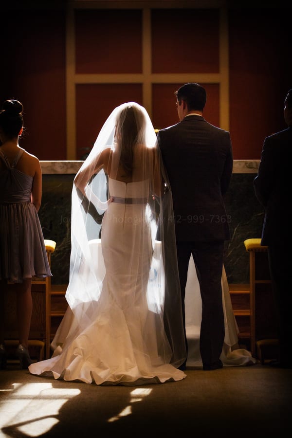 a bride and groom shown from behind as they are illuminated by the sun during a wedding near Pittsburgh