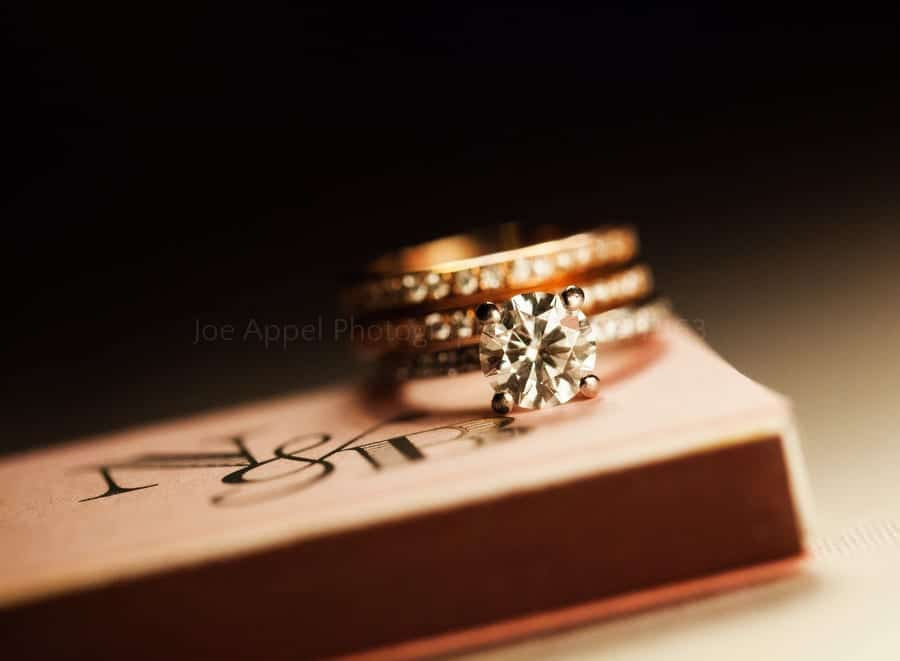 close up photo of an engagement ring on a monogrammed matchbox