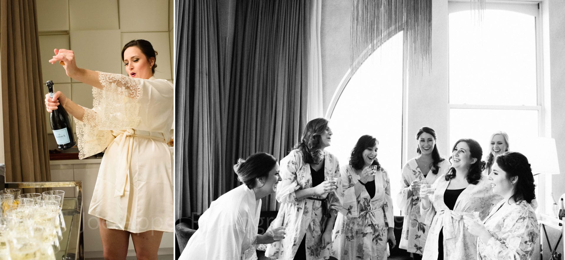 Two photos: The first shows a bride in her dressing gown popping open a bottle of champagne in her outstretched arms. The second one shows a group of seven women in dressing gowns laughing as they hold plastic glasses filled with champagne in front of a large window.