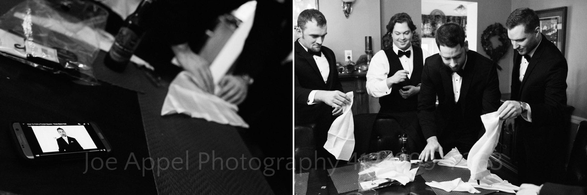 Two photos: The first shows a mobile phone with a video of how to fold a pocket square in the foreground while a man folds a pocket square in the background. The second one shows four young men around a table folding pocket squares.