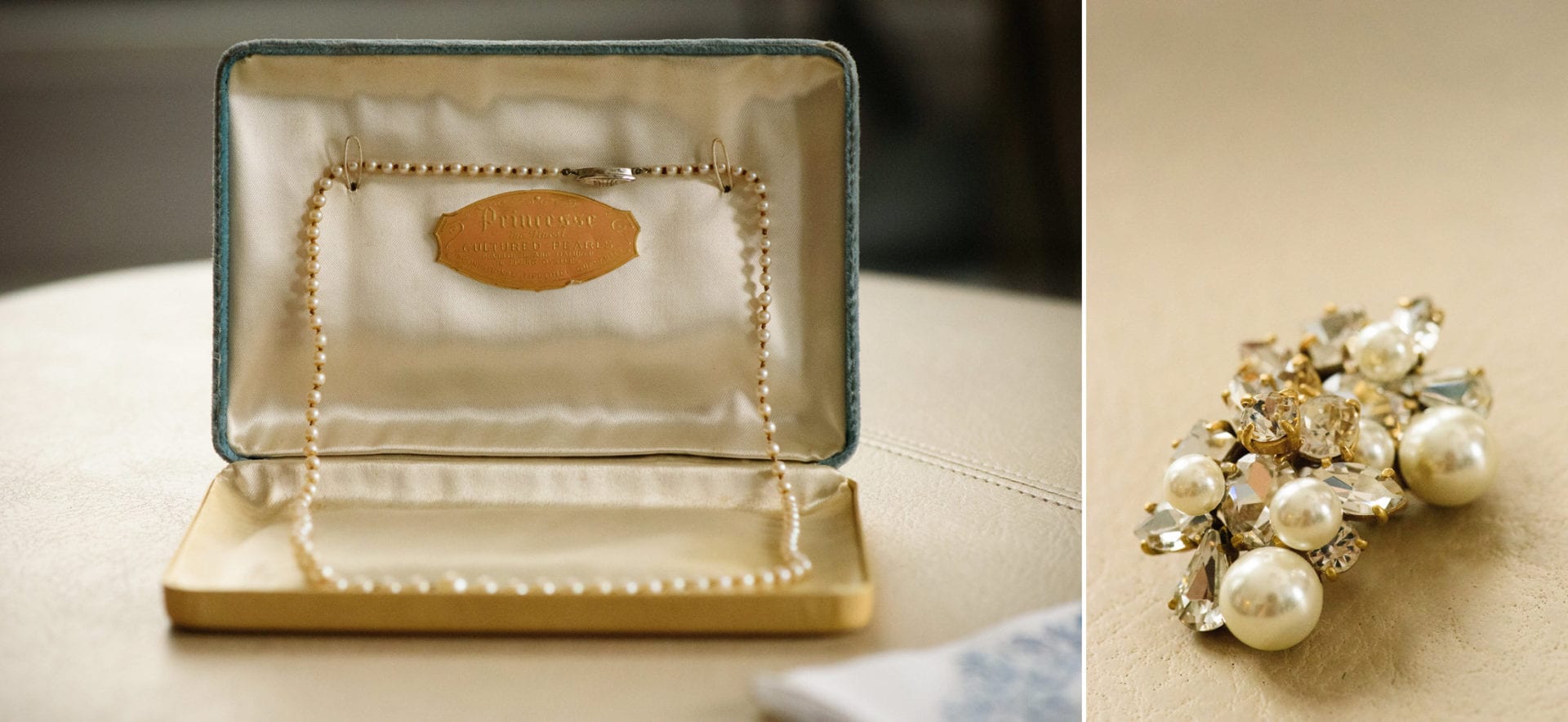Two photos: A vintage box containing a string of cultured pearls. The second photo shows a pearl and diamond brooch.
