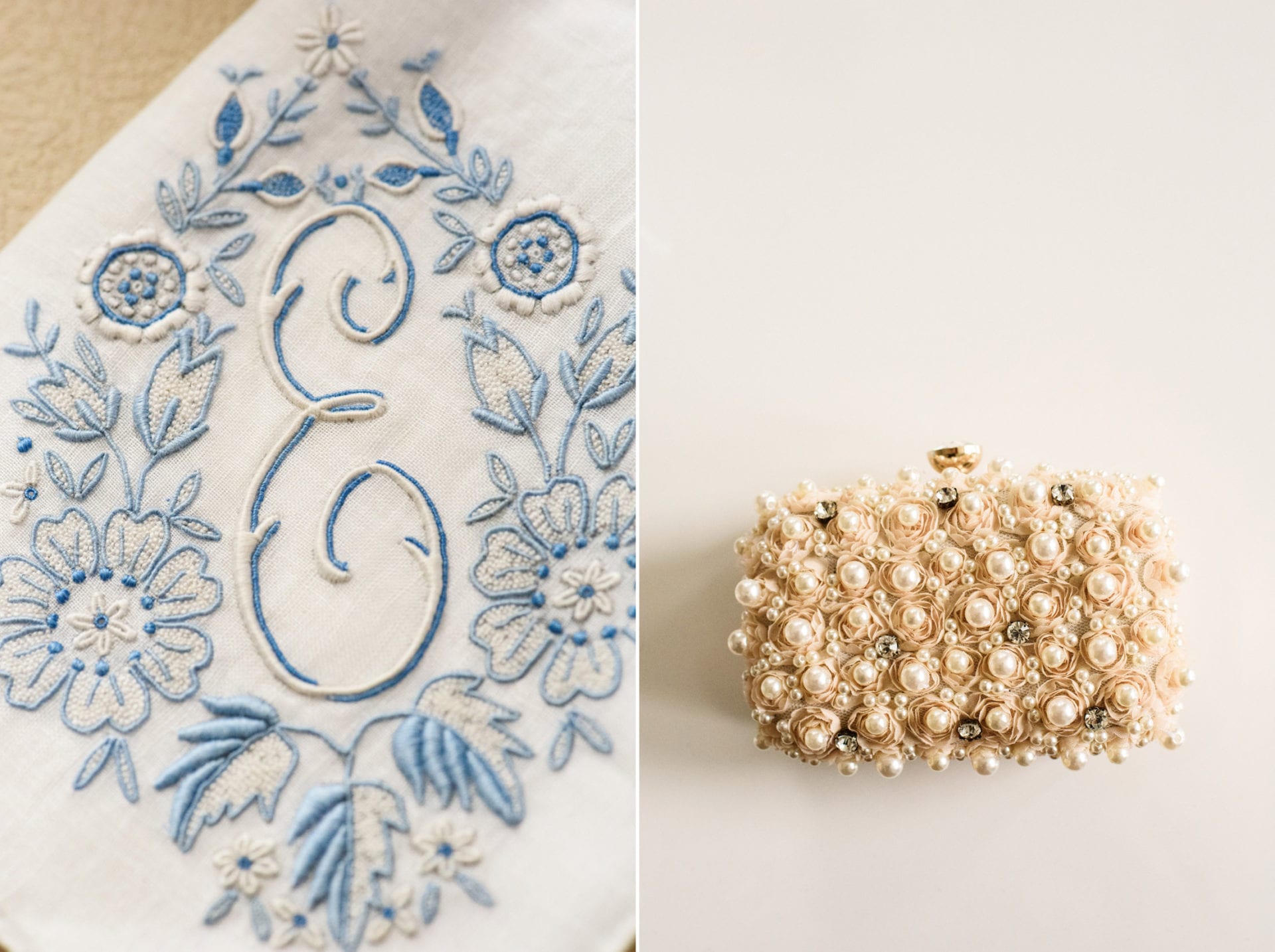 Two photos: First one is an embroidered handkerchief with blue and white flowers surrounding the letter E. The second is a clutch handbag with pearls, crystals and silk flowers.