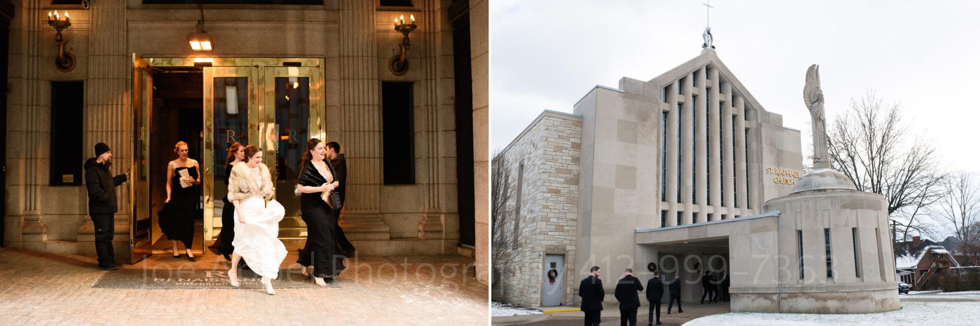 Two photos: A bride wearing a white dress and a fur stole walks out of the gold doors at the front of the Renaissance Hotel in Pittsburgh with her bridesmaids who wear black dresses. The second photo shows a tuxedo clad groom and his groomsmen walking into St. Raphael church in Stanton Heights.