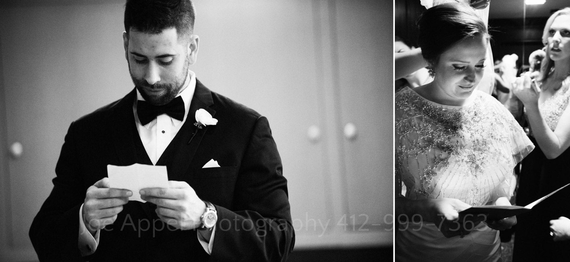 Two photos: In each of the photos the bride and groom read notes that they wrote to one another.