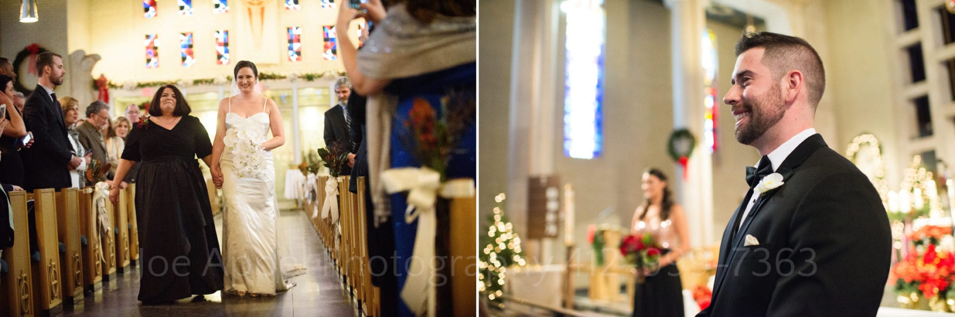 Two photos: A bride and her mother hold hands as they walk down the aisle of a church with stained glass windows behind them. The second photo shows a groom smiling as he looks towards the left side of the frame at his bride (unseen) walking towards him.