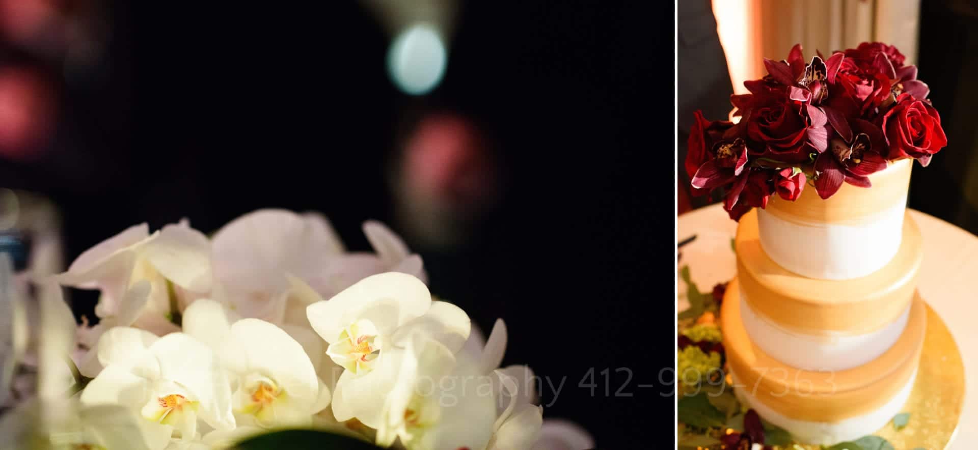 Two photos: A closeup of white orchids on a table centerpiece. The second is a three tiered wedding cake topped by red roses.