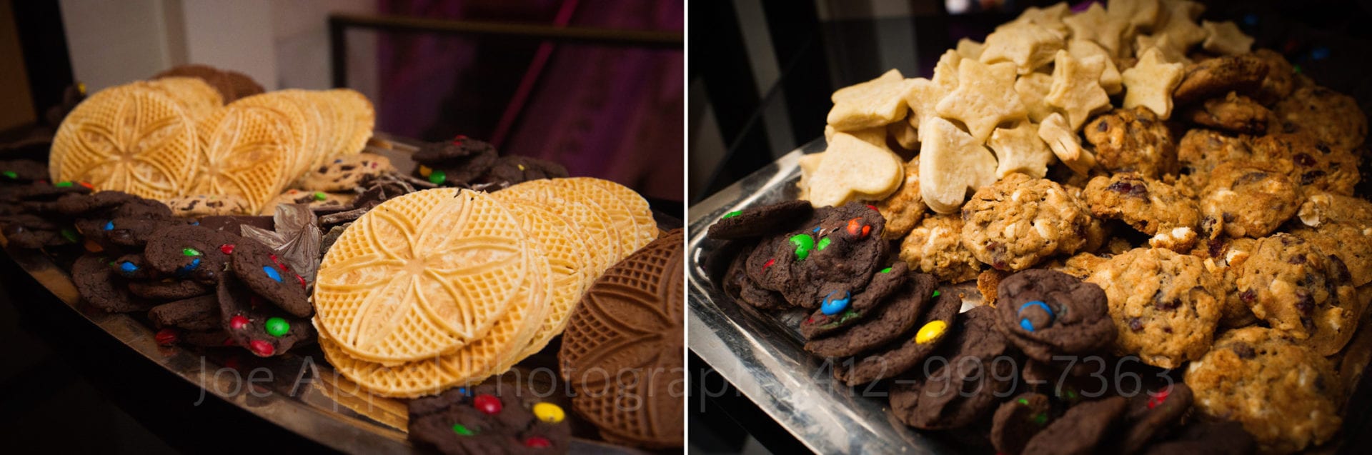 Two photos of cookies on a cookie table at a western pennsylvania wedding.