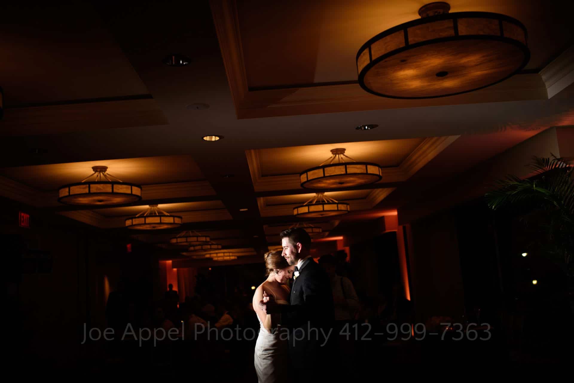 A spotlight in a dark room illuminates a bride and groom as they share their first dance.