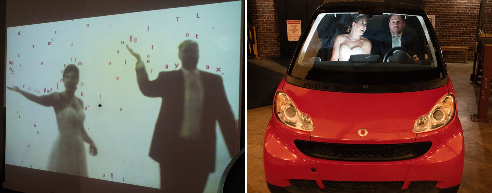 A bride and groom goof around as they sit in a Smart Car and play with their images projected on a screen before their Children's Museum Pittsburgh Wedding.