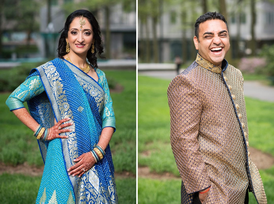 Portraits of a smiling bride and groom wearing blue and gold traditional Indian wedding garb before their Indian Wedding Pittsburgh Wyndham.