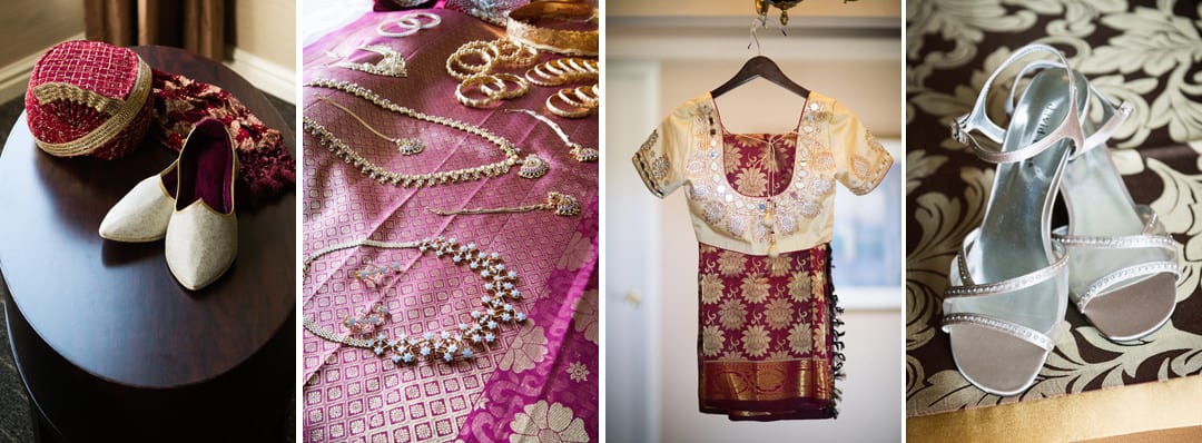 Closeup photos of wedding clothing for an Indian bride and groom.