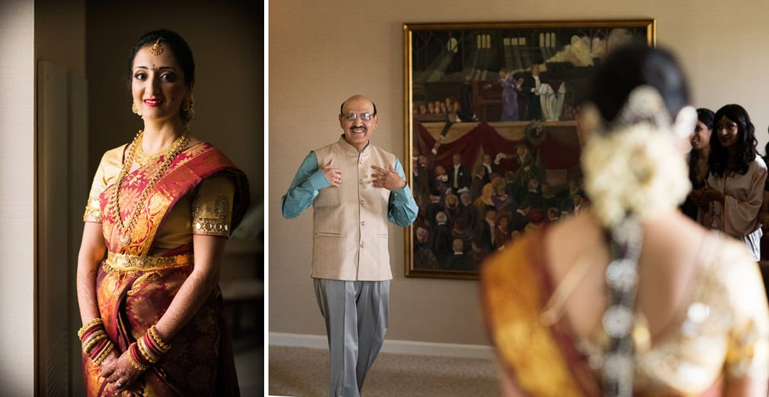 Portrait of a bride in a red and gold sari and another photo of her father's reaction as he sees her.