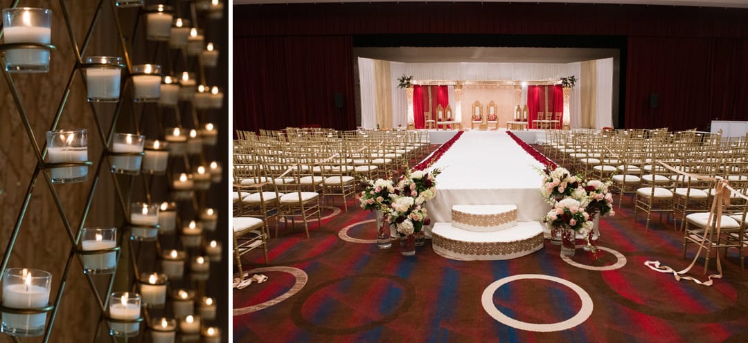 The Grand Ballroom at the Wyndham Grand Pittsburgh set up for a traditional Indian wedding.
