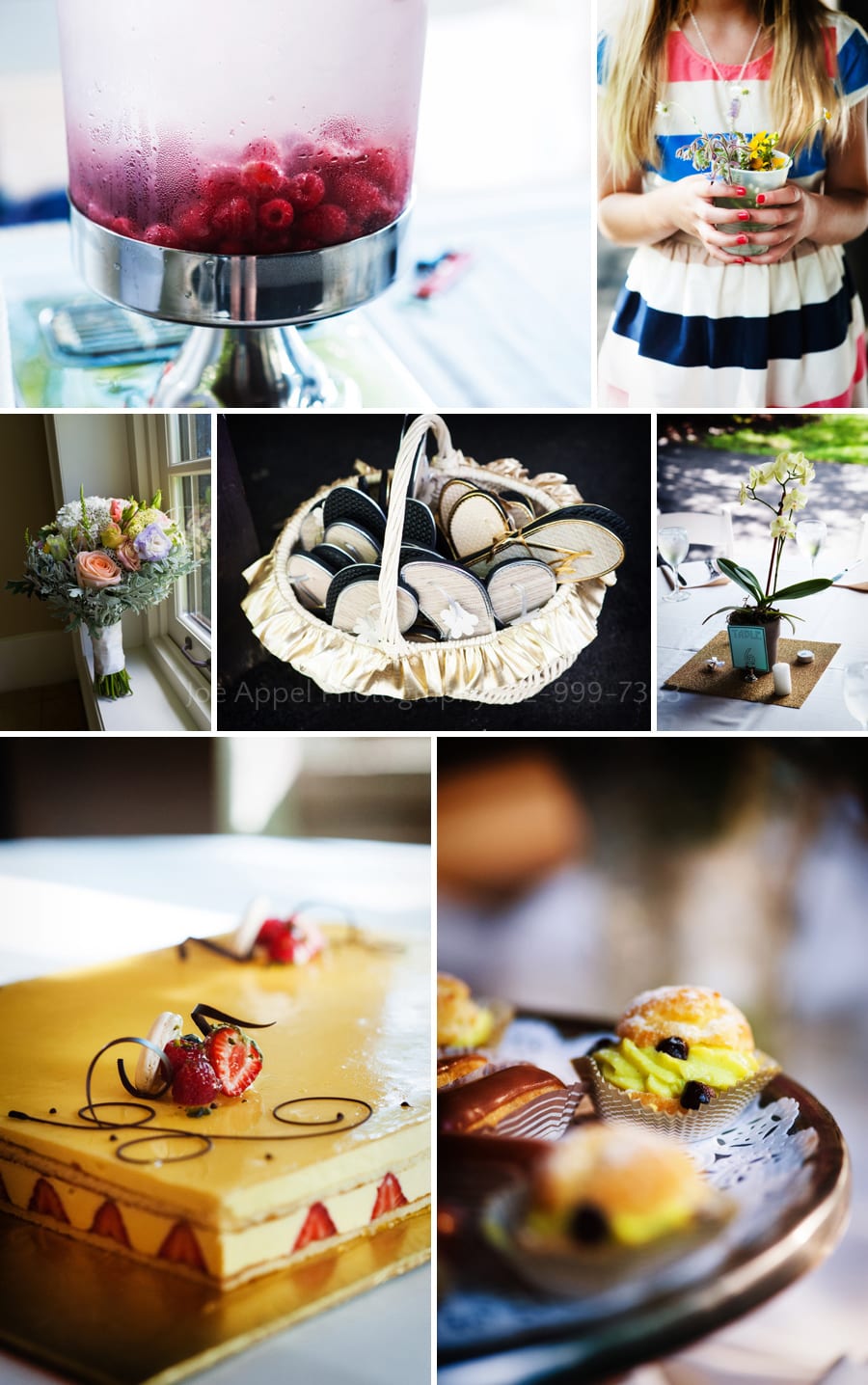 detail photos of a wedding including french pastries, flip-flops for the dance floor, flowers and ice water with raspberries