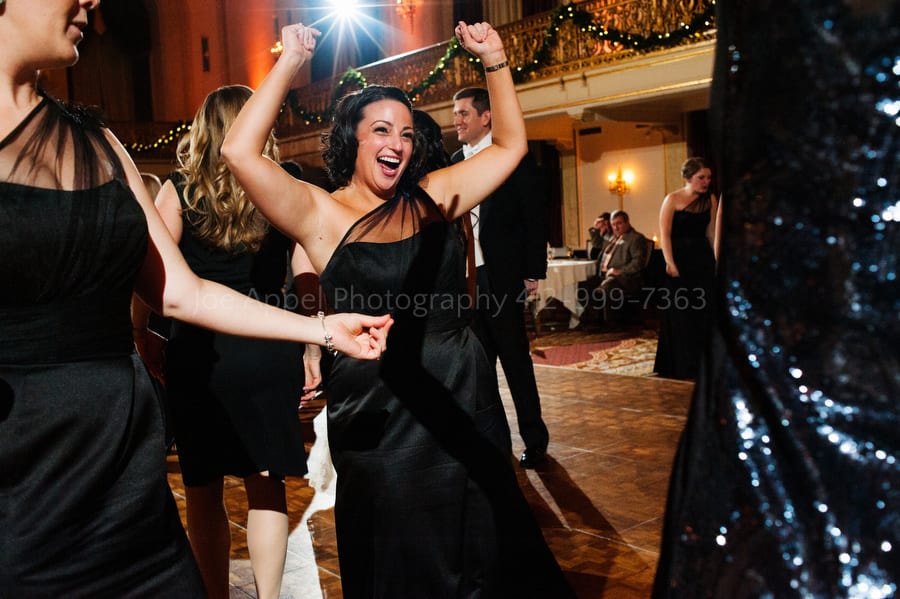 bridesmaids dancing during a wedding reception William Penn Hotel Wedding Photography