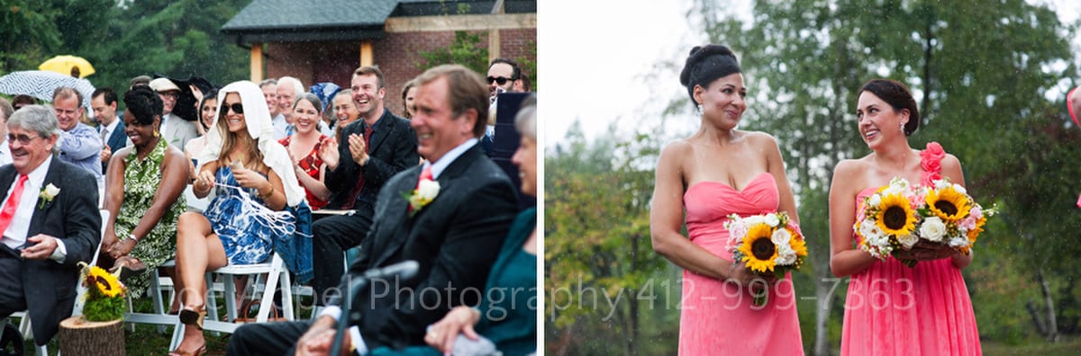Wedding guests and bridesmaids laugh as rain falls on them during a Succop Conservancy wedding.