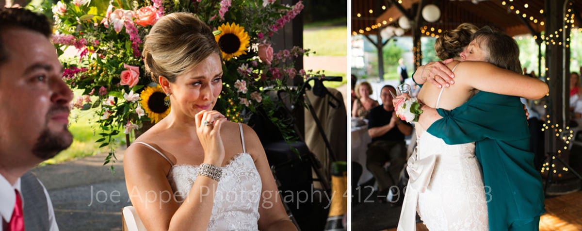 a bride cries as her mother offers a toast. Then they embrace.