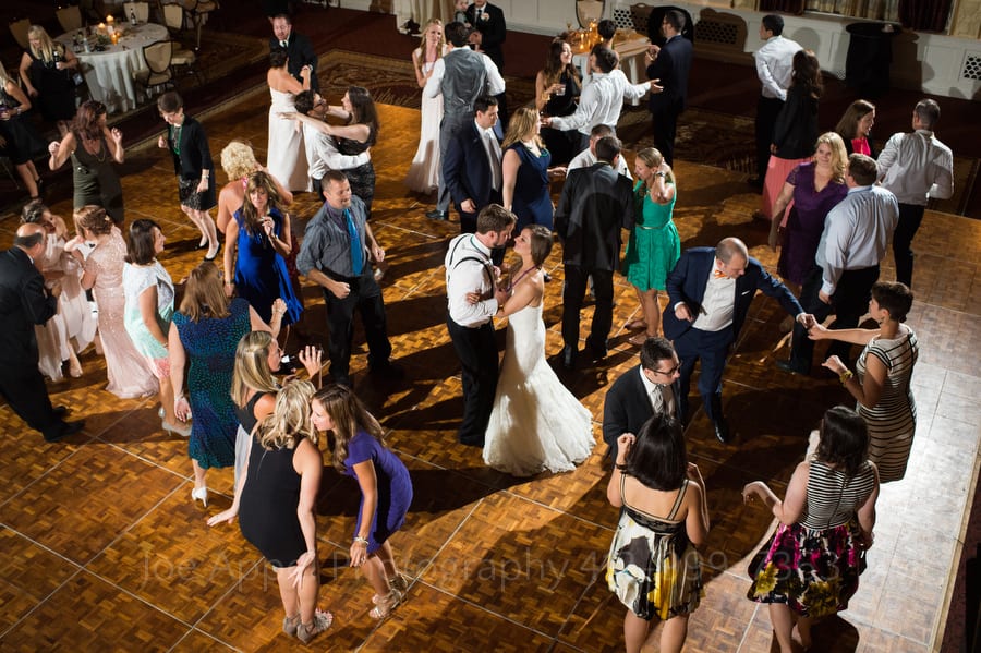 An overhead view of the full dance floor in the main ballroom at the Omni William Penn.