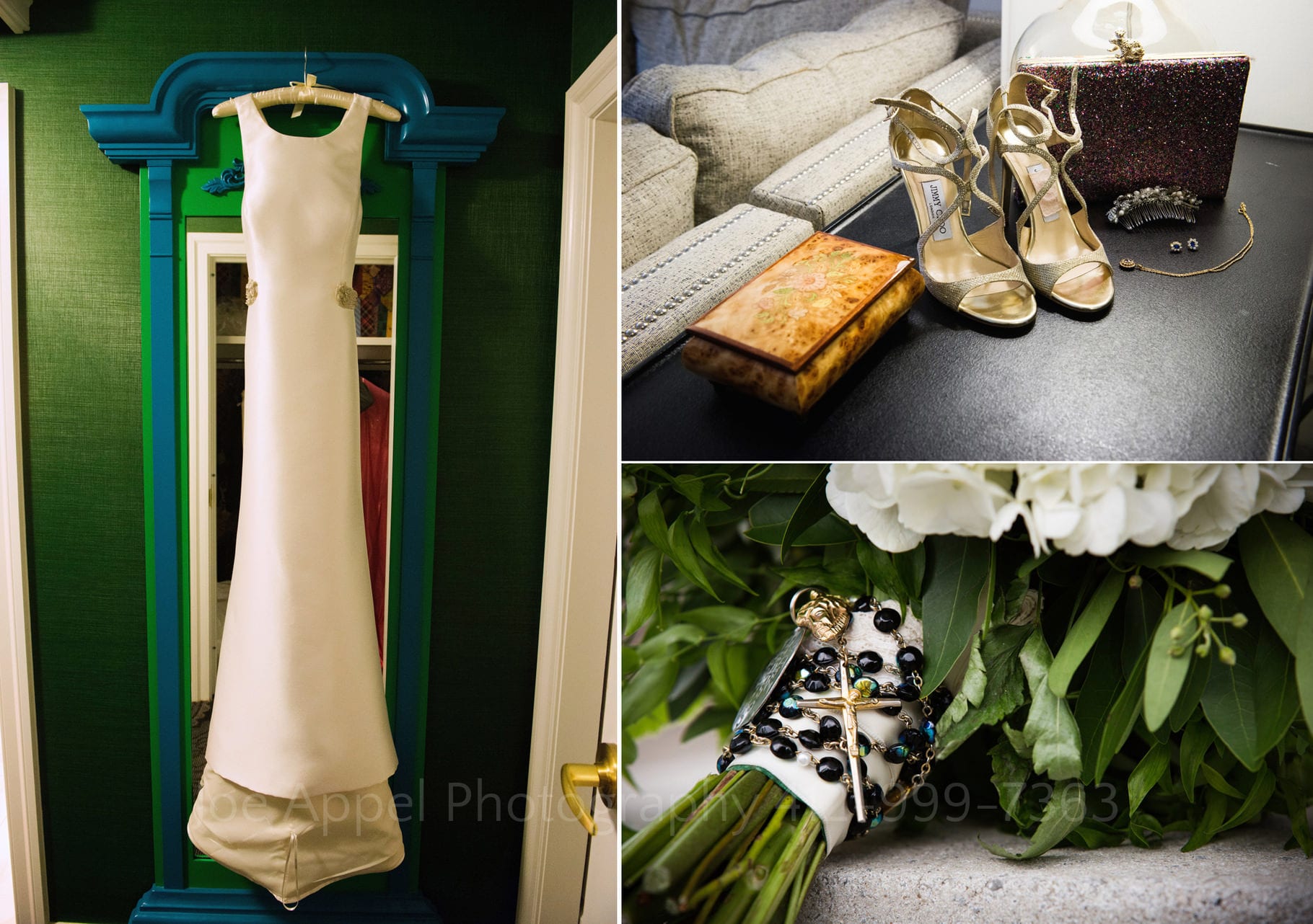 A collage image of a white wedding dress hanging against a green wall at the hotel monaco in pittsburgh. Jimmy Choo strap heels and a bouquet with a rosary wrapped around the stems.