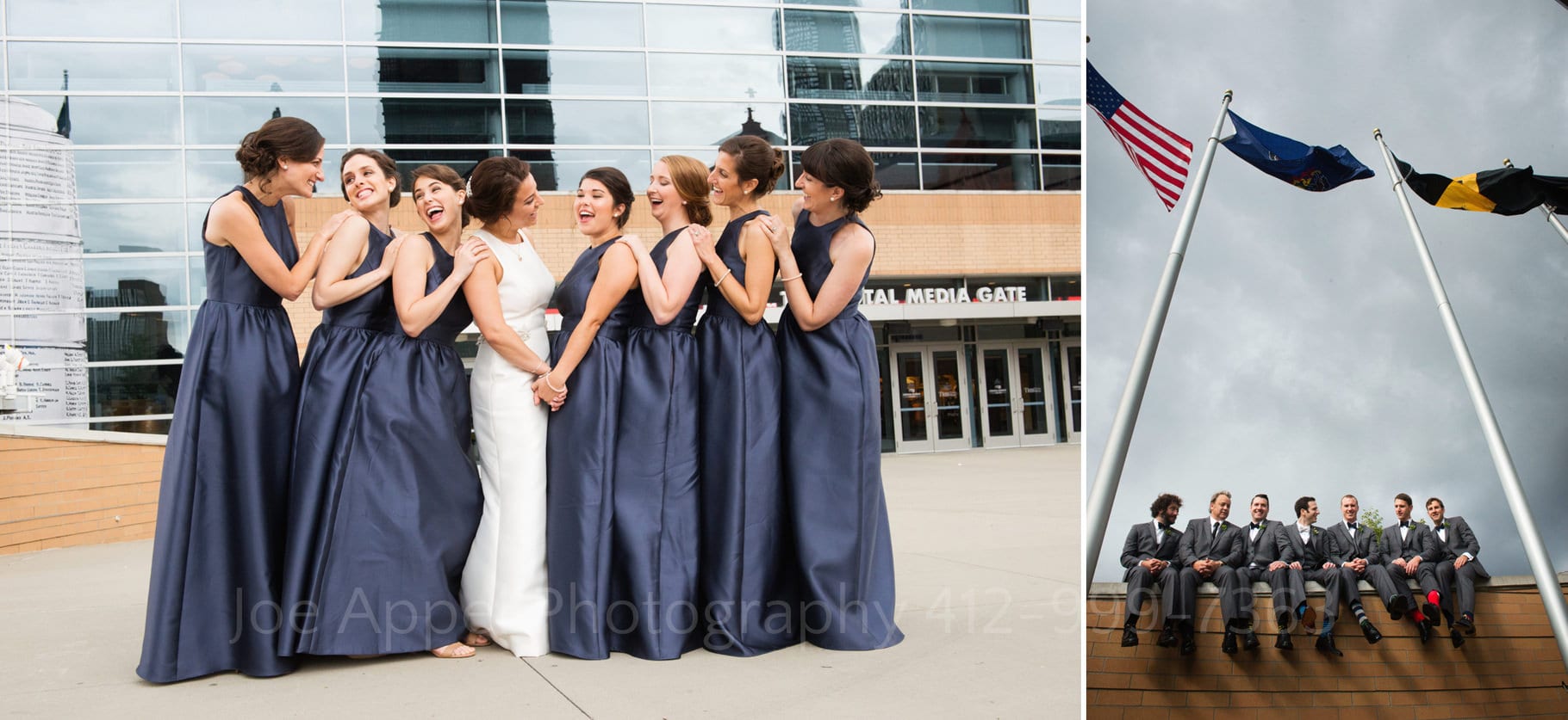 Two photos: one is a bride and her bridesmaids laughing and smiling at each other in front of the Consol Energy Center. The second photo is a group of groomsmen sitting on a wall with dramatic clouds behind them and flags flying above them.