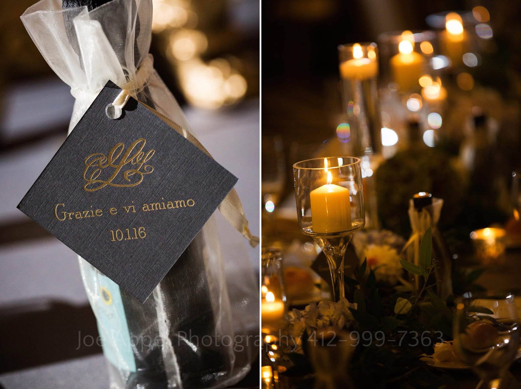 Detail photos of a bottle of wine with a black tag thanking guests for attending a wedding in gold script. A photo of a candle lit table in the ballroom at a Hotel Monaco Wedding in Pittsburgh