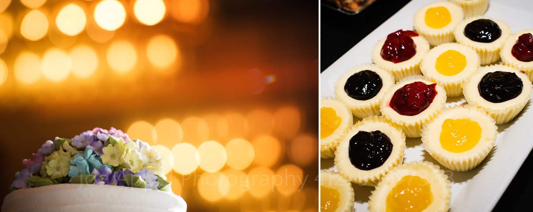 Candy flowers on top of a wedding cake with banks of yellow lights behind it. Italian tarts arrayed on a plate.