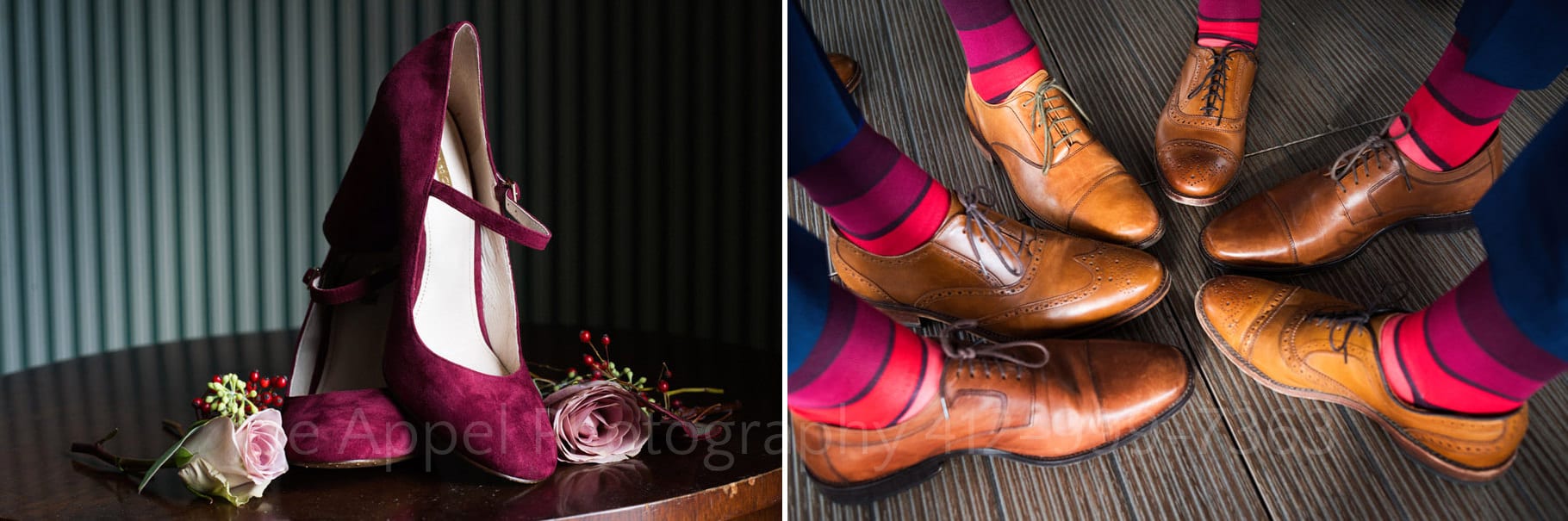 A pair of ruby colored suede womens shoes, several men's brown oxford shoes with colorful pink and purple socks