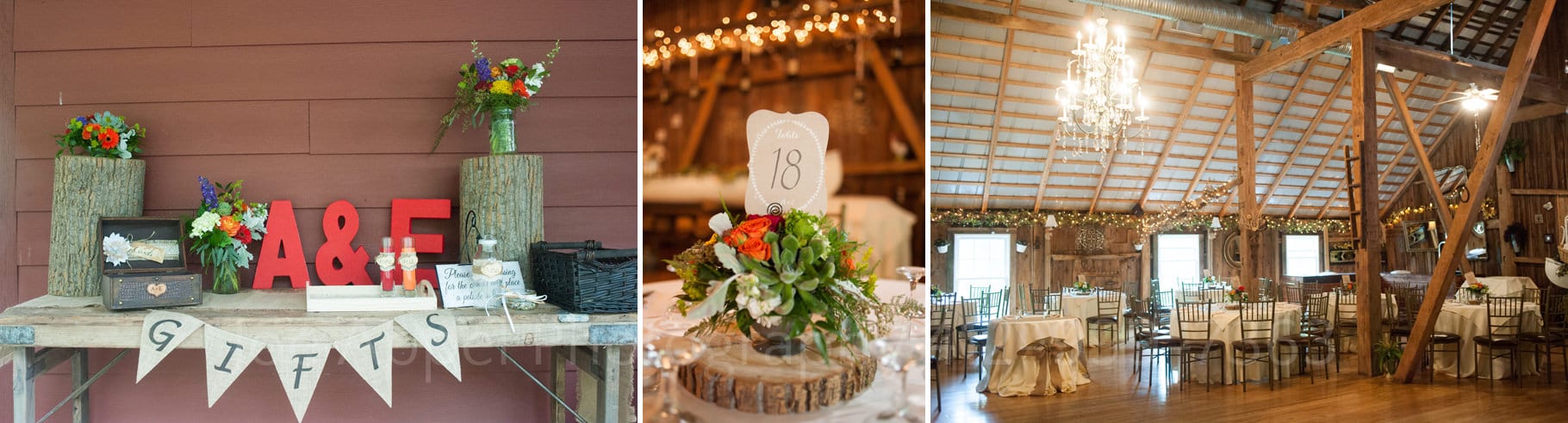 gift table with big red letters, a closeup of a centerpiece with flowers on a slice of a log, and the interior of the barn during their Chanteclaire Farm Wedding.