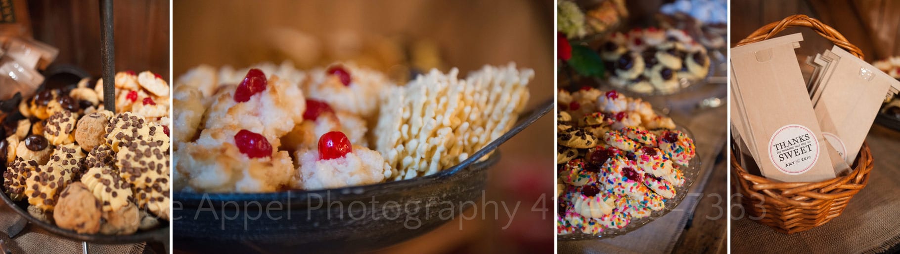 three different photos of cookies and a closeup of treat bags during their Chanteclaire Farm Wedding.