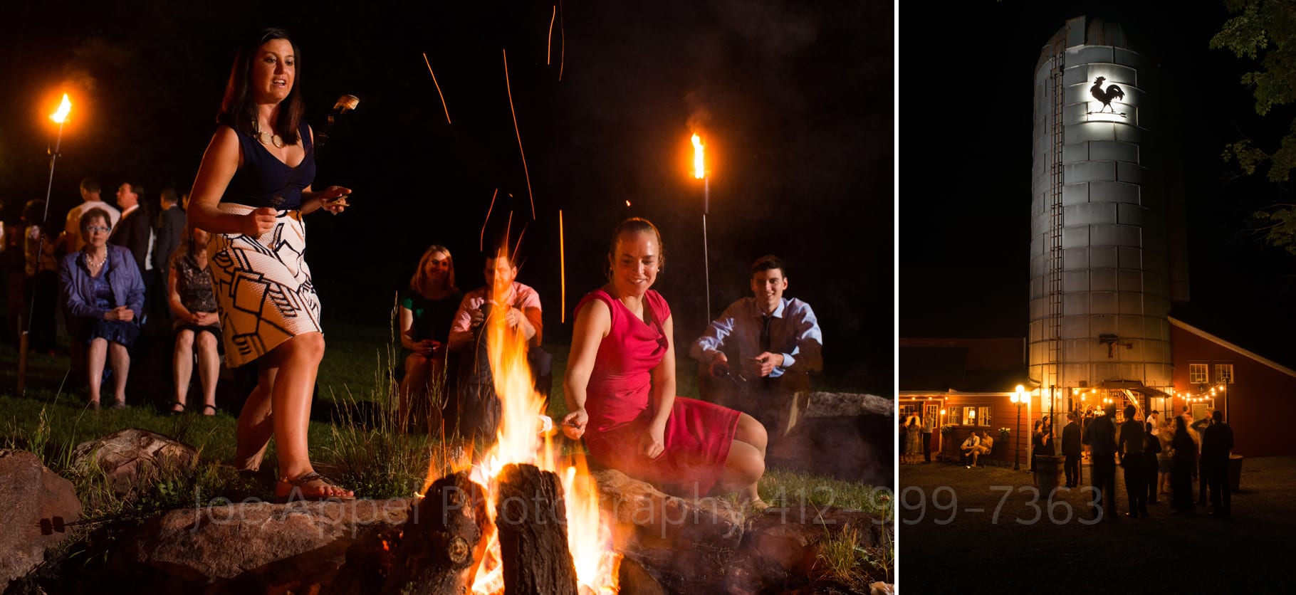 a woman steps up to a campfire while toasting a marshmallow. Another woman in a red dress sits while toasting her own marshmallow. A night time view of guests gathered around the base of the silo at Chanteclaire Farm. The rooster logo is backlit at the top of the silo during their Chanteclaire Farm Wedding.