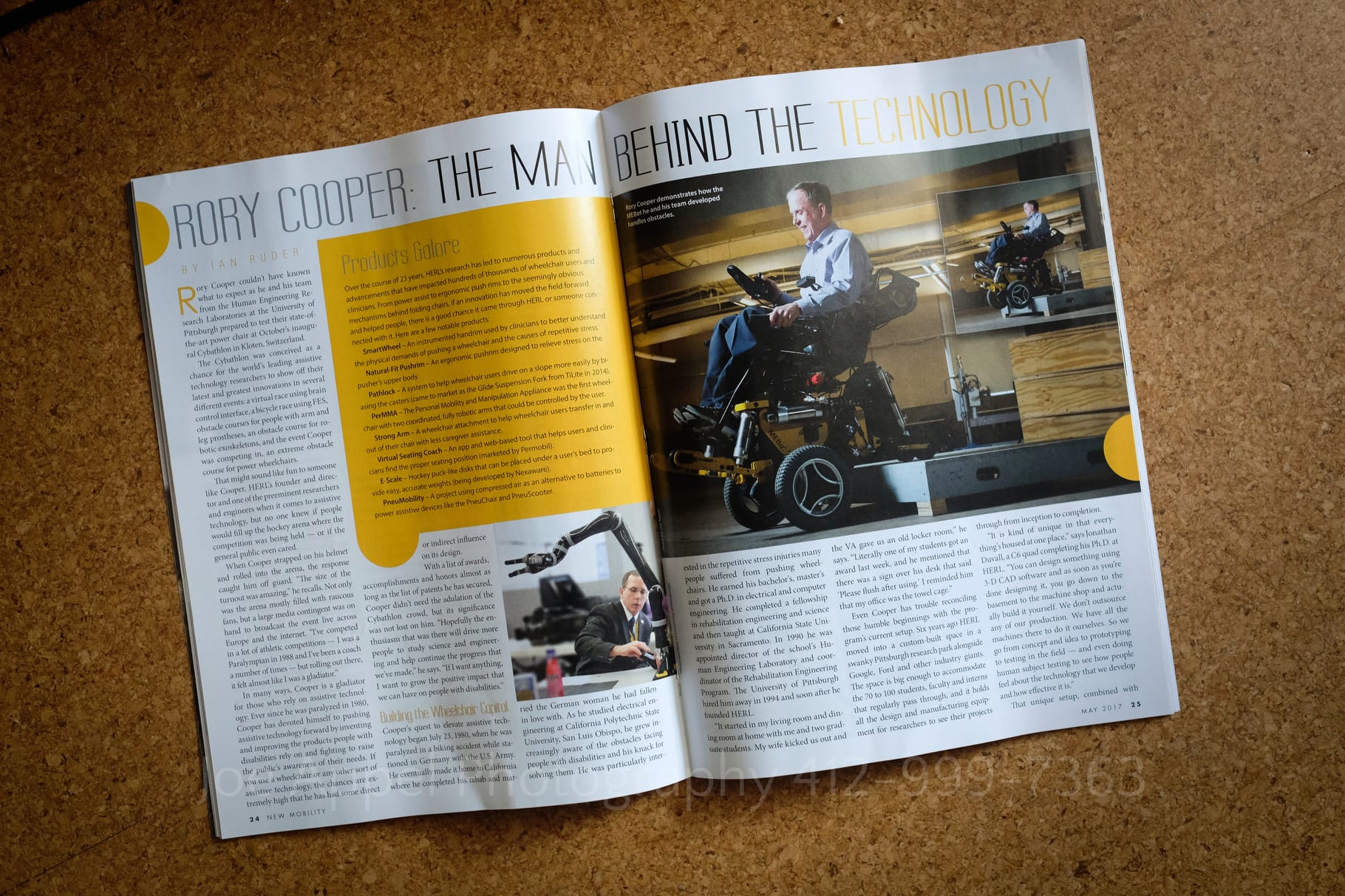 Inside spread of a magazine featuring photos of a man in a yellow motorized wheelchair by Pittsburgh Editorial Photographers Joe Appel Photography.