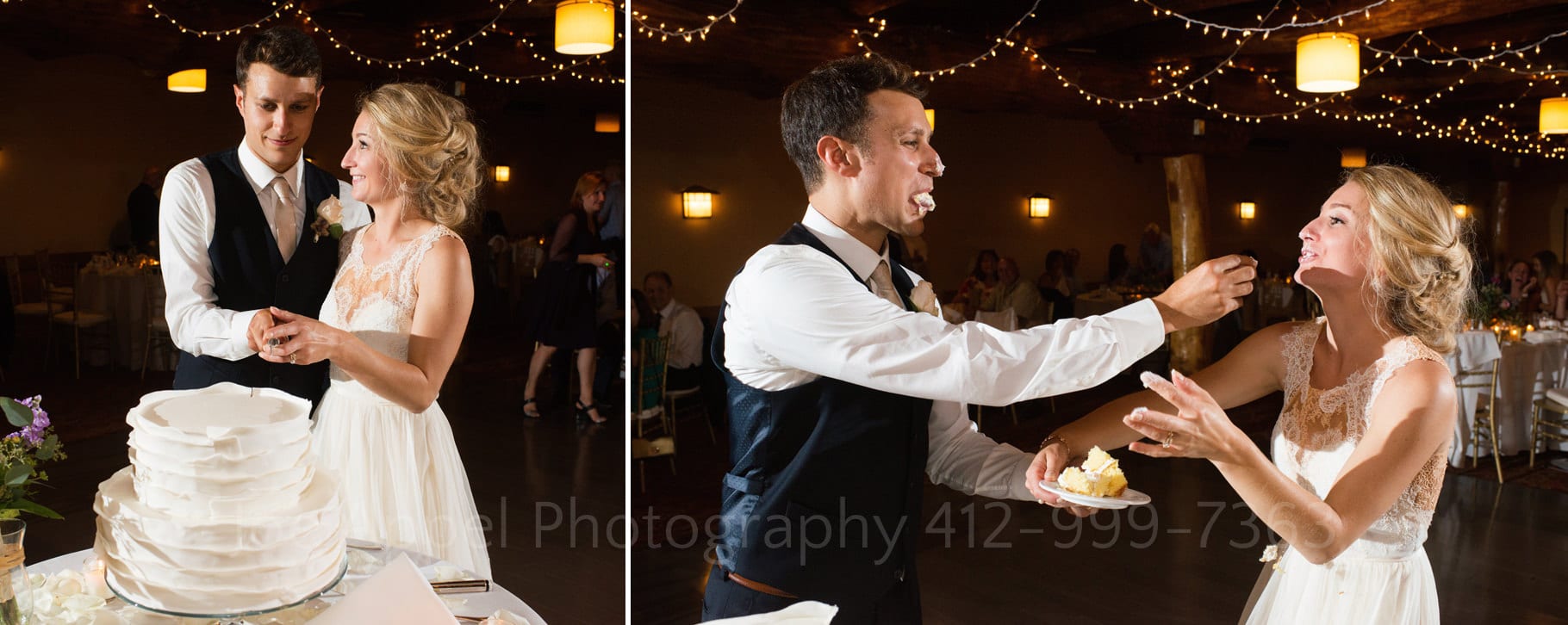 A bride and groom cut their wedding cake and then smear icing on each other's faces during their Seven Springs Wedding.