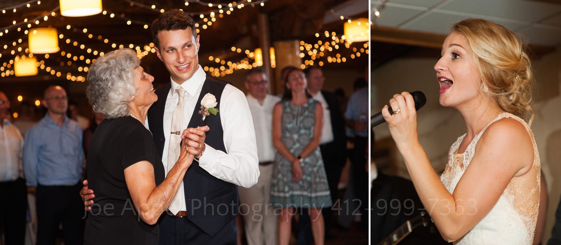 A groom dances with the grandmother of the bride while the bride sings a song for them during their Seven Springs Wedding.