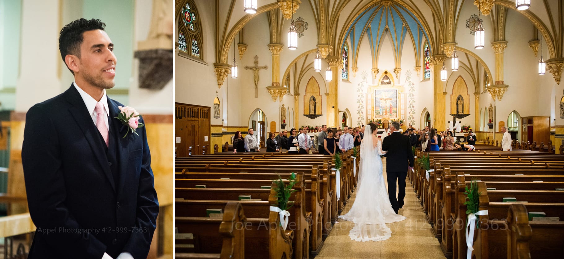 two photos with the first one being a groom watching with a smile as his bride walks down the aisle towards him. The second photo shows the interior of the church from the back as the bride and her father walk down the aisle.