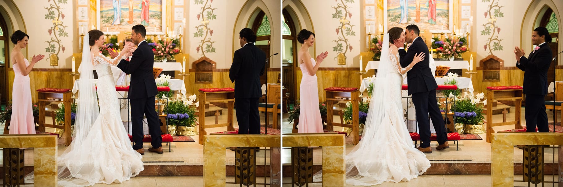 Two photos showing the sequence of a first kiss between a bride and groom on the altar of a church at the end of their wedding ceremony.