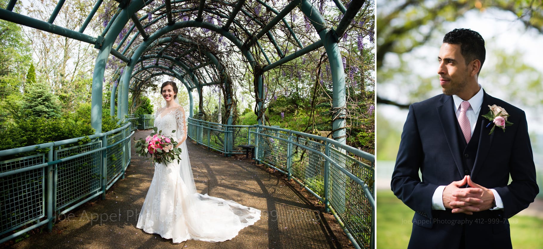 Two photos the first one being a full-length portrait of a bride standing beneath an ivy covered arbor and the second of a groom looking left as he clasps his hands in front of himself.