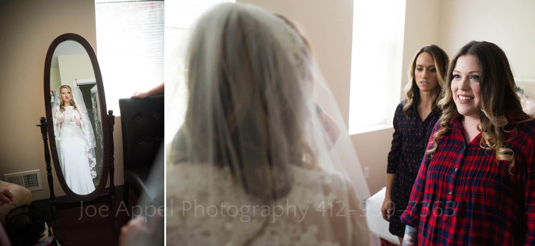 Two photos: A bride gives a thumbs up gesture as she looks at her reflection in an oval-shaped floor mirror. The second photo shows bridesmaids smiling as they look at the bride in her wedding dress.