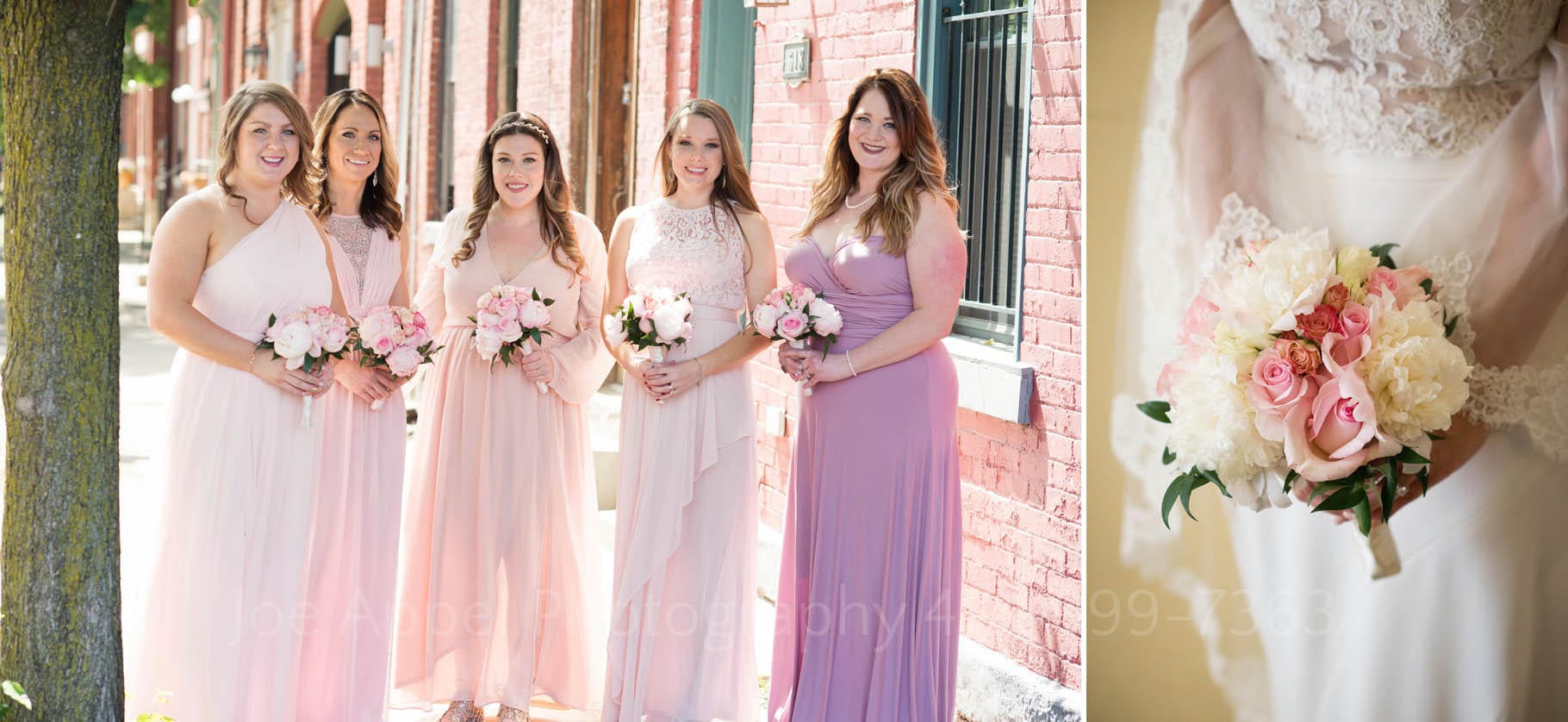 Bridesmaids in pink and purple hues stand on a sunlit street with similarly colored pastel-shaded buildings behind them. Second photo is a closeup of the bride holding a bouquet of pink and purple flowers.