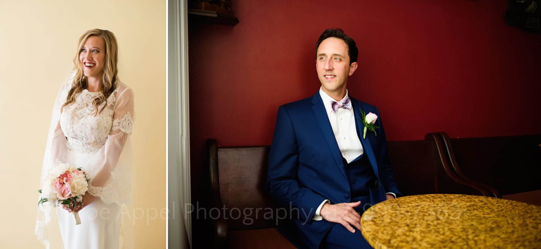 Two portraits. A long-haired blonde bride looks left and smiles as she stands against a brightly lit wall. The groom in a blue suit with a pink rose pinned to his collar sits in a booth with a dark red wall behind him.
