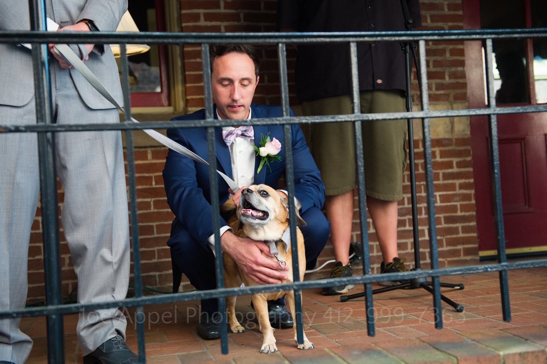A groom bends down to calm his anxious dog during a wedding ceremony.