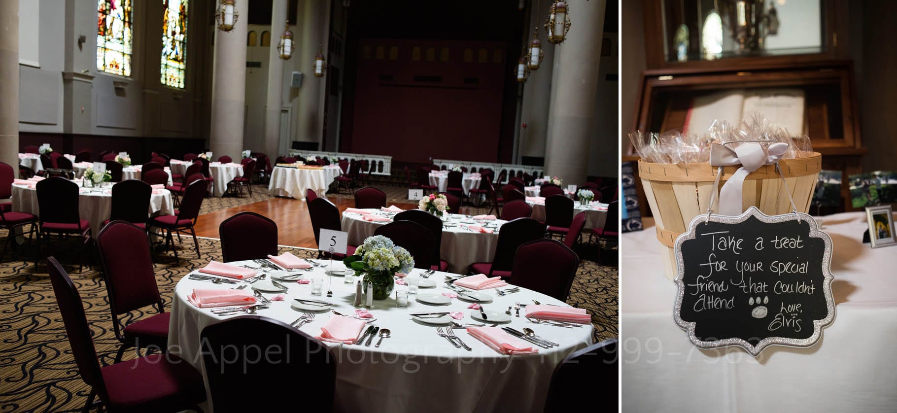 Interior photos of the Pittsburgh Grand Hall Wedding include a group of tables and a basket filled with dog treats directing guests to take some home for their pets.