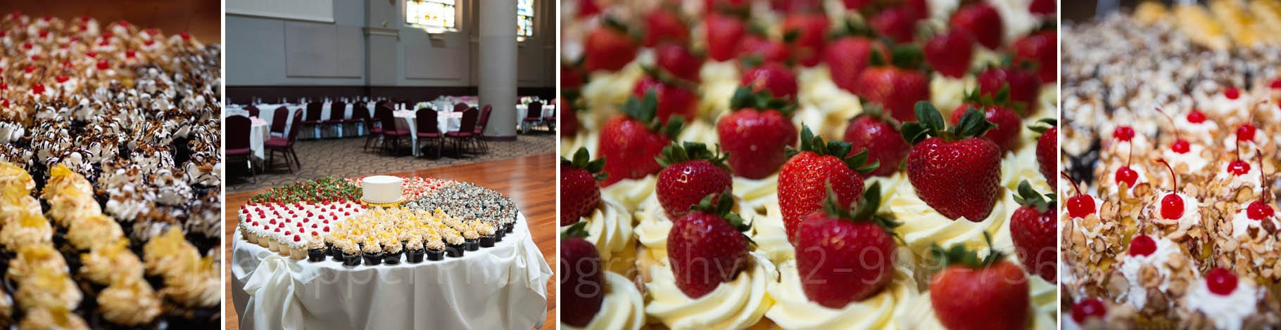 Four photos of cupcakes at a wedding: cupcakes with chocolate and nuts on top; a table filled with different kinds of cupcakes; cupcakes with white icing and a strawberry on top; white iced cupcakes with candied shaved almonds and a cherry on top.