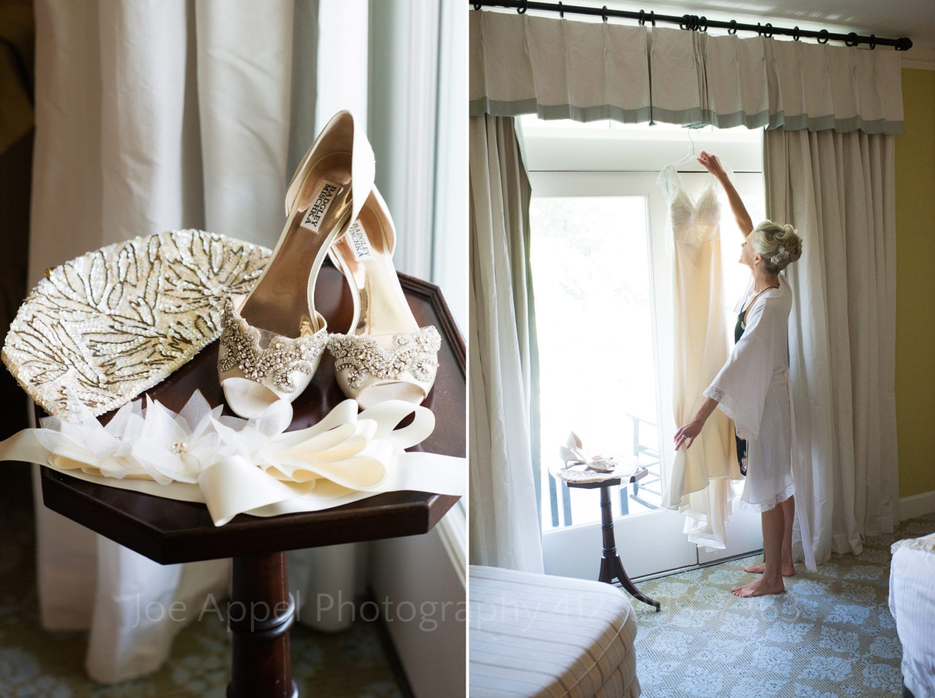 Two photos: One is a detail photo of a brides white and gold beaded handbag, Badgley and Mischka open toed shoes and bow for her wedding dress. The second photo is of the bride reaching up to take down her wedding dress which is hanging in front of a sliding glass door in a hotel suite during their Omni Bedford Springs Resort Wedding.